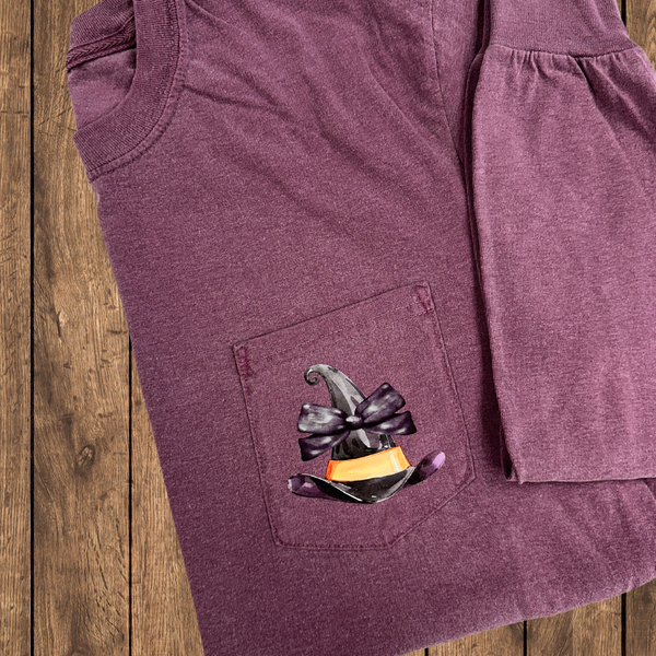 Witch's Hat With Bow on Long Sleeve Berry Pocket Tee PREORDER