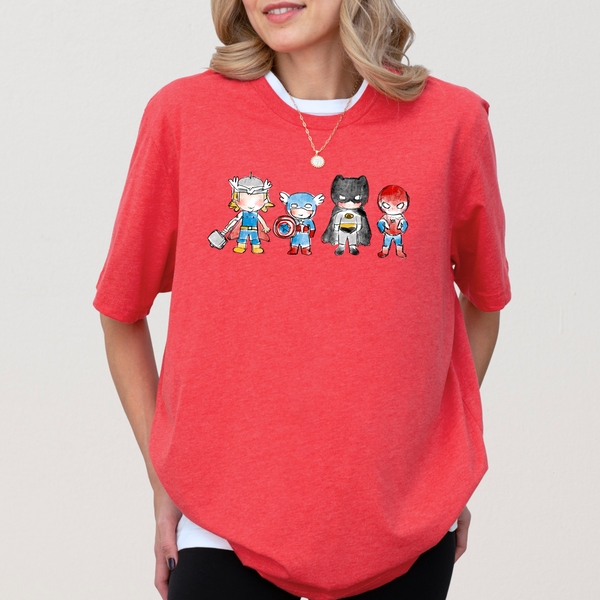 Superheroes Unite on Heather Red Tee (Men/Youth Sizes Available!) PREORDER