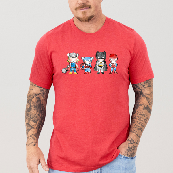 Superheroes Unite on Heather Red Tee (Men/Youth Sizes Available!) PREORDER
