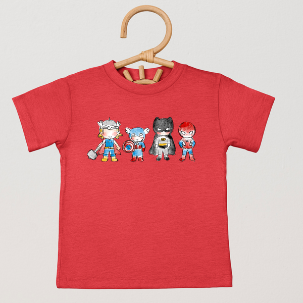 Superheroes Unite on Heather Red Tee (Men/Youth Sizes Available!) PREORDER