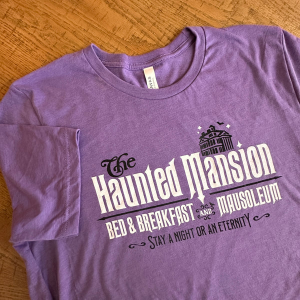 Haunted Mansion Bed and Breakfast Tee in Heather Purple