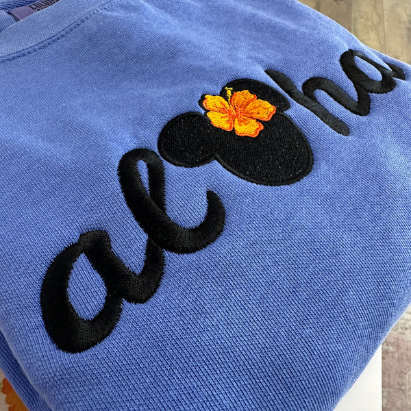 Aloha Mouse 🌺 on Flo Blue Comfort Colors Sweatshirt PREORDER