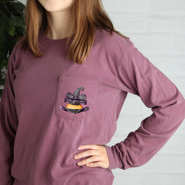 Witch's Hat With Bow on Long Sleeve Berry Pocket Tee PREORDER