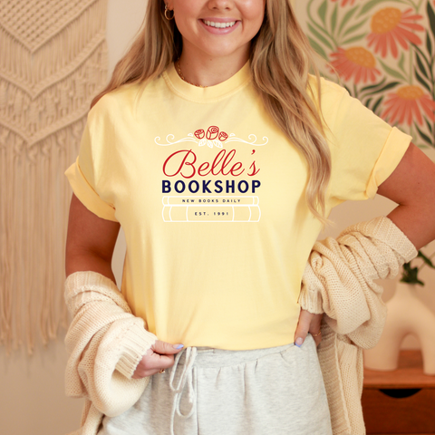 Belle's Bookshop on Warm Yellow Tee