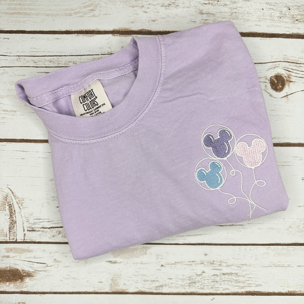 Short-Sleeved Pastel Mouse Balloons on Lavender Tee
