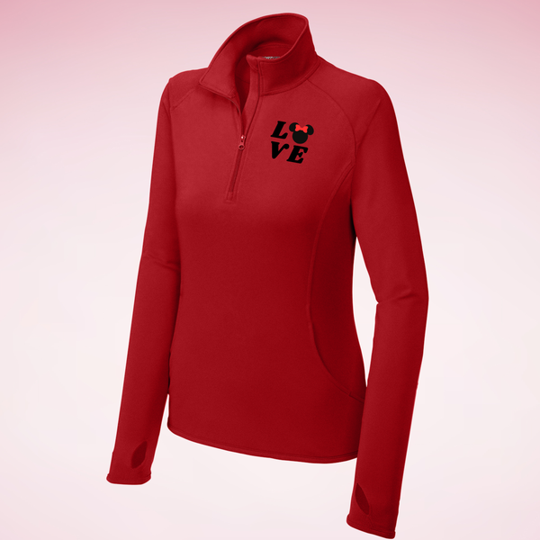 Ladies Sporty Quarter Zip Mouse Love on True Red Pullover PREORDER