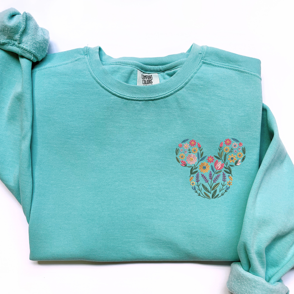 Magical Flowers Mouse Head Embroidered on Chalky Mint Comfort Colors Sweatshirt PREORDER