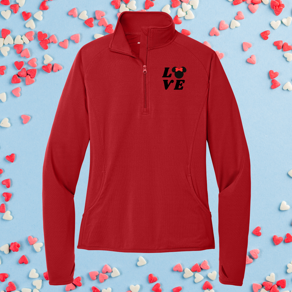 Ladies Sporty Quarter Zip Mouse Love on True Red Pullover PREORDER