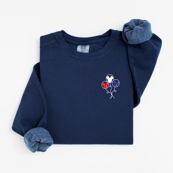 4th of July Red, White, and Blue Mouse Balloons on True Navy Comfort Colors Sweatshirt PREORDER