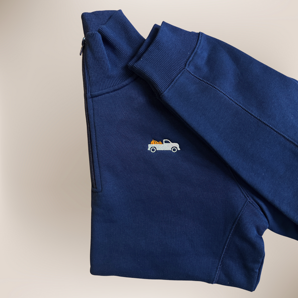 Ladies Quarter Zip Little Pumpkin Truck on Navy Pullover