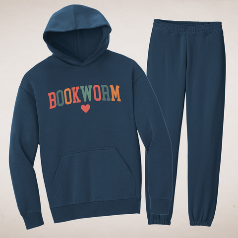 Multicolored Bookworm on Navy Blue Hoodie and Sweatpants Matching Lounge Set