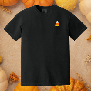Happy Candy Corn Embroidered on Black Tee PREORDER - Choose Your Garment!