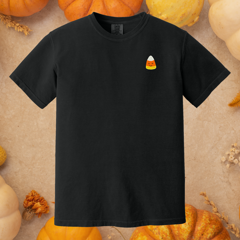 Happy Candy Corn Embroidered on Black Tee PREORDER - Choose Your Garment!