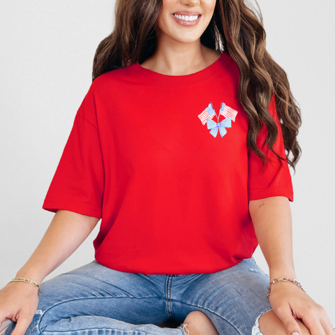 Left Chest 4th of July Bows on Red Tee PREORDER