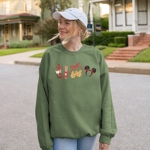 Four Festive Icons on Military Green Sweatshirt PREORDER