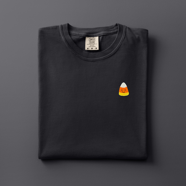 Happy Candy Corn Embroidered on Black Tee PREORDER