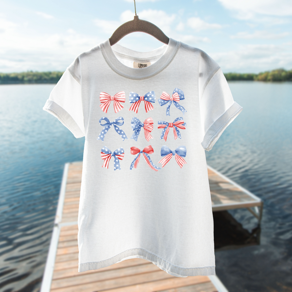 Flag Bows on Fresh White Tee (Youth Sizes Available!) PREORDER - June Tee of the Month