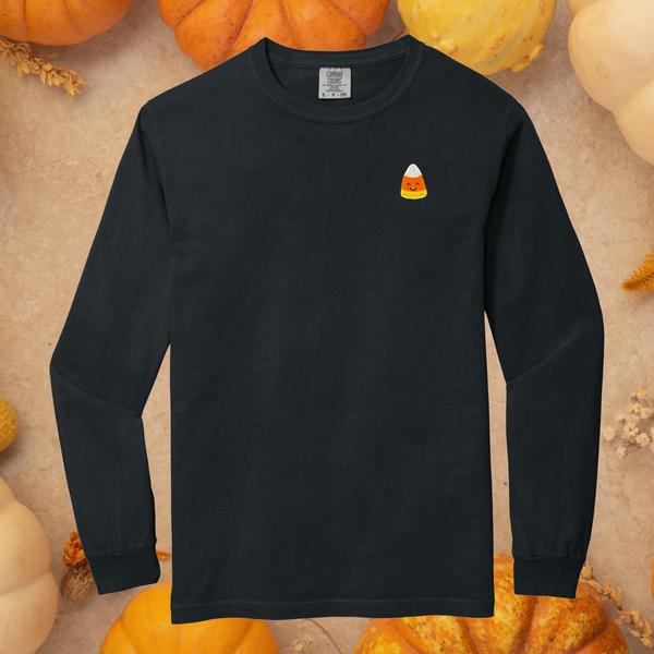 Happy Candy Corn Embroidered on Black Tee PREORDER - Choose Your Garment!