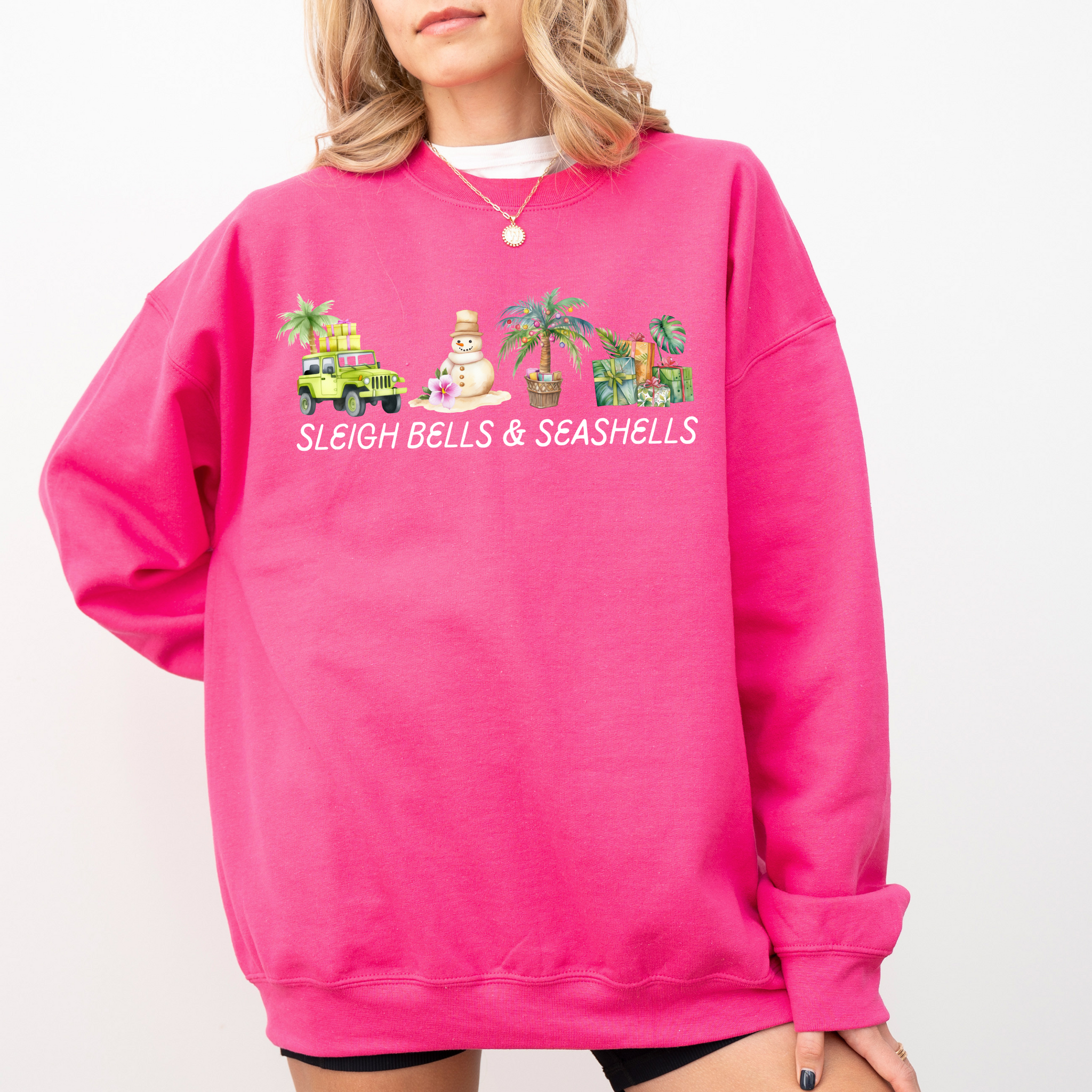 Sleigh Bells and Seashells on Heliconia Sweatshirt PREORDER