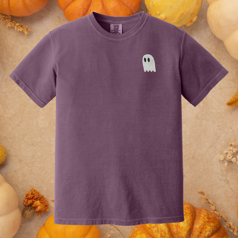 Little Ghosty Embroidered on Berry Tee PREORDER - Choose Your Garment!
