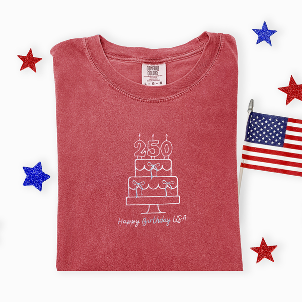 Happy Birthday USA Embroidered on Crimson Tank/Tee (Youth Sizes Available!) PREORDER