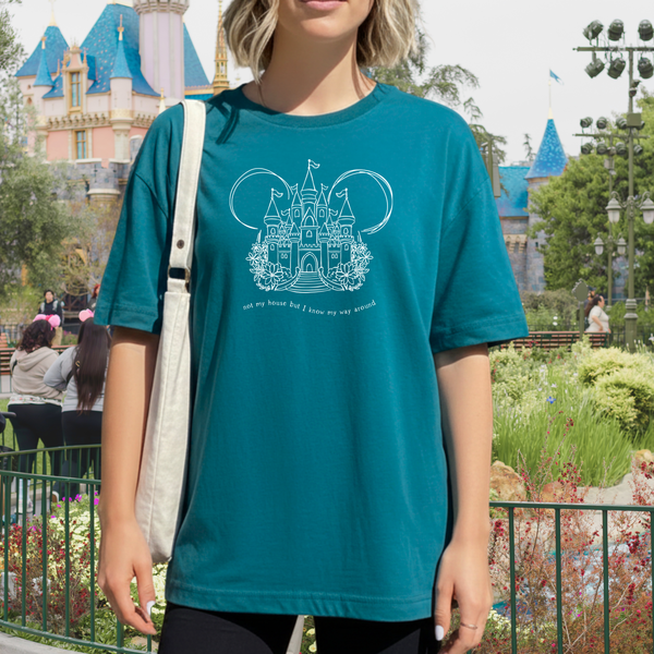 Person wearing a teal t-shirt with a castle design in front of a castle background