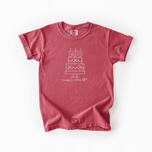 Happy Birthday USA Embroidered on Crimson Tank/Tee (Youth Sizes Available!) PREORDER