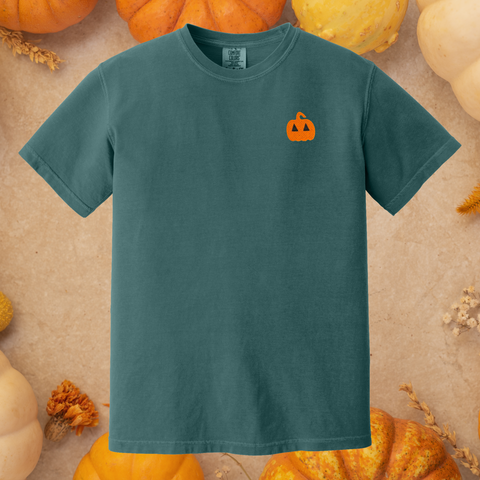 Jack-O-Lantern Embroidered on Blue Spruce Tee PREORDER - Choose Your Garment!