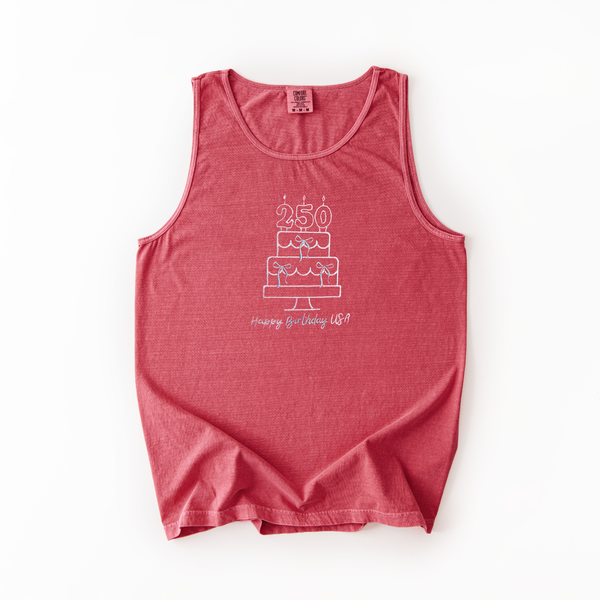 Happy Birthday USA Embroidered on Crimson Tank/Tee (Youth Sizes Available!) PREORDER