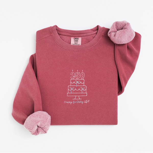 Happy Birthday USA Embroidered on Crimson Comfort Colors Sweatshirt PREORDER