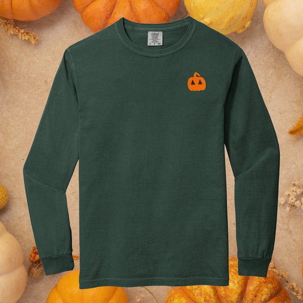 Jack-O-Lantern Embroidered on Blue Spruce Tee PREORDER - Choose Your Garment!