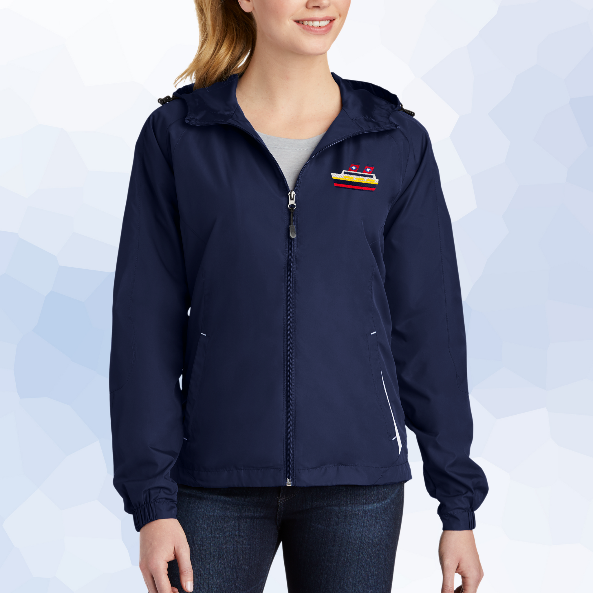 Ladies Navy Water-Repellent Jacket with Magical Cruise