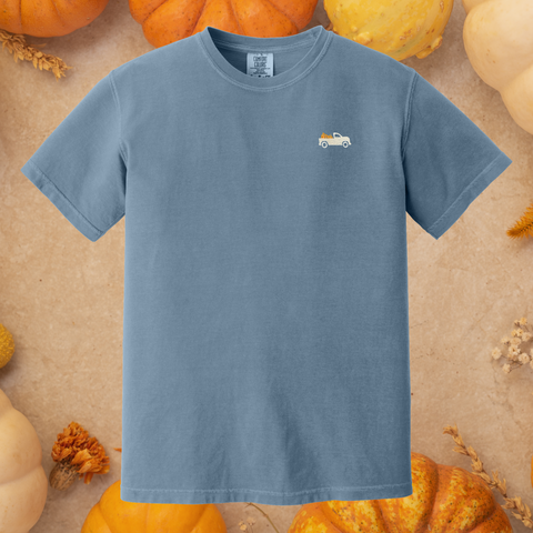 Little Pumpkin Truck Embroidered on Blue Jean Tee PREORDER - Choose Your Garment!