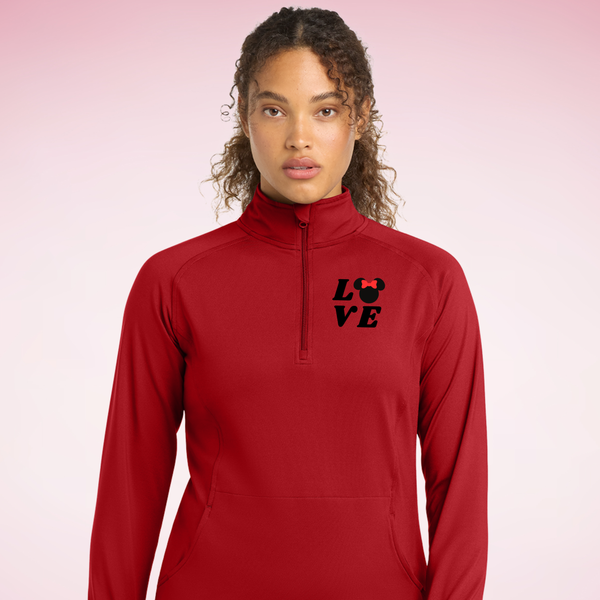Ladies Sporty Quarter Zip Mouse Love on True Red Pullover PREORDER