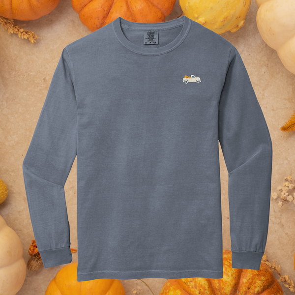 Little Pumpkin Truck Embroidered on Blue Jean Tee PREORDER - Choose Your Garment!