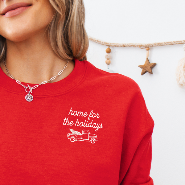 Home for the Holidays Embroidered on Red Gildan Heavy Blend Sweatshirt