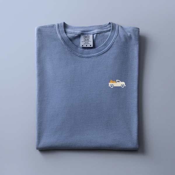 Little Pumpkin Truck Embroidered on Blue Jean Tee PREORDER
