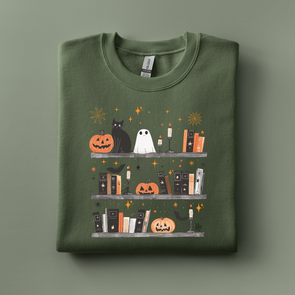 Spooky Bookshelf on Military Green Sweatshirt PREORDER