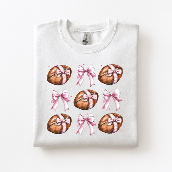 Girly Footballs With Bows on White Gildan Heavy Blend Sweatshirt PREORDER