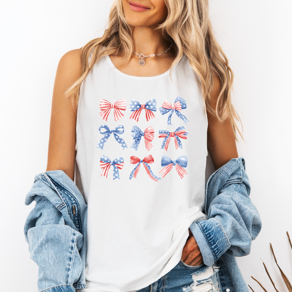 Flag Bows on Fresh White Tank/Tee (Youth Sizes Available!) PREORDER