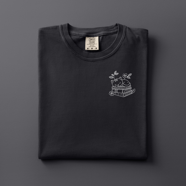 Reading Cat Embroidered Tee | Choose Your Color