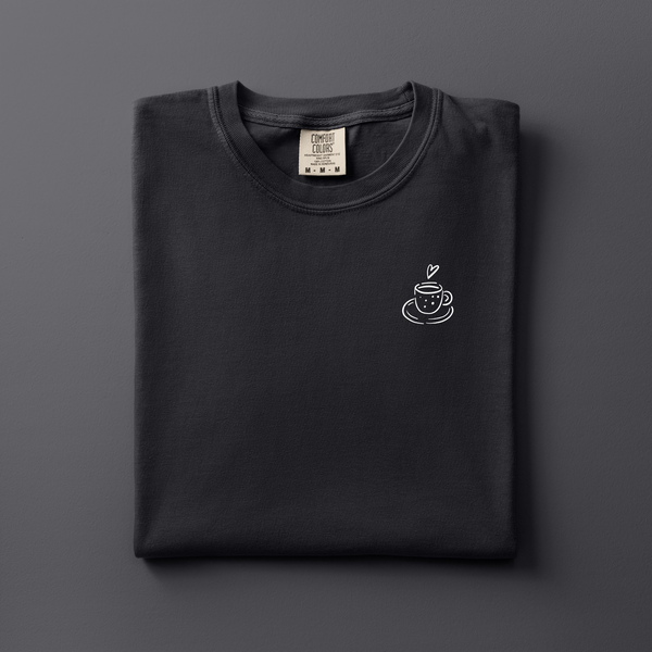Cup of Coffee or Tea Embroidered Tee | Choose Your Color