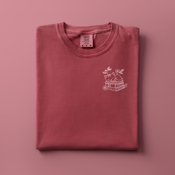 Reading Cat Embroidered Tee | Choose Your Color