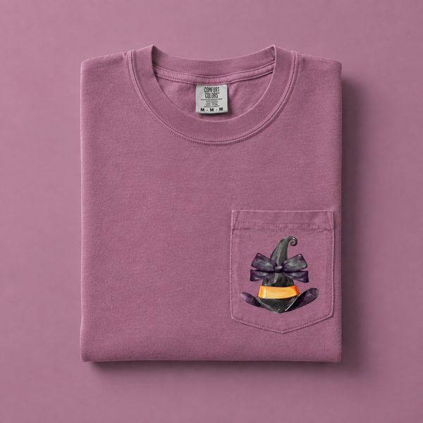 Witch's Hat With Bow on Berry Pocket Tee PREORDER