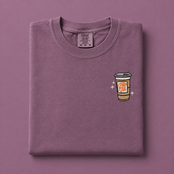 Hello Fall Coffee Cup on Berry Tee PREORDER