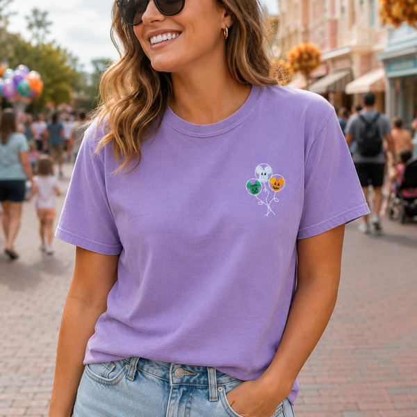 Halloween Mouse Balloons Embroidered on Violet Tee PREORDER