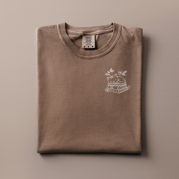 Reading Cat Embroidered Tee | Choose Your Color