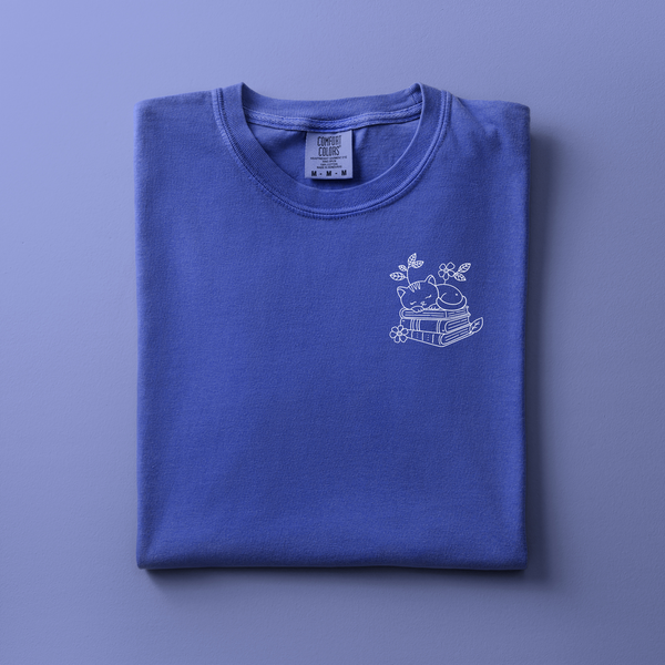 Reading Cat Embroidered Tee | Choose Your Color