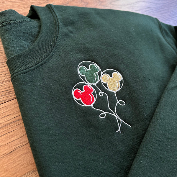 Holiday Mouse Balloons on Forest Green Gildan Heavy Blend Sweatshirt