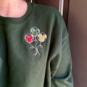 Holiday Mouse Balloons on Forest Green Gildan Heavy Blend Sweatshirt